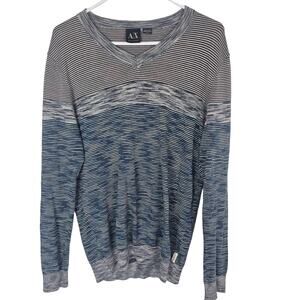Armani Exchange Sweater Knit Sweater Mens M Gray Blue Striped Sweater V-Neck